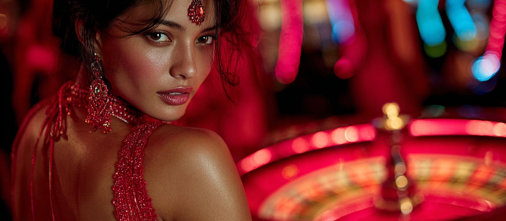Elegant woman in red dress near roulette table under bright lights, symbolizing glamour and luxury of 55WW Casino
