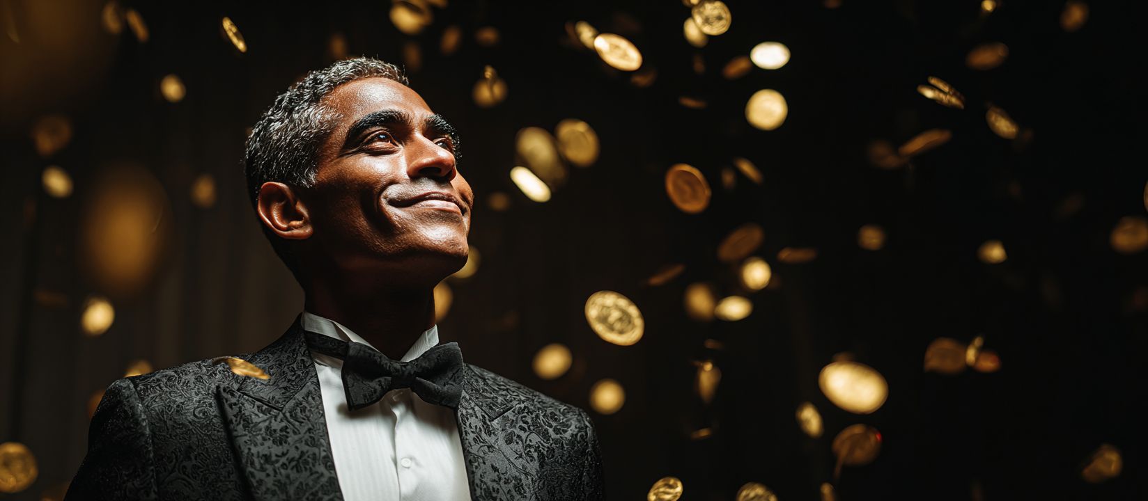 Confident man in tuxedo surrounded by raining golden coins, symbolizing jackpot wins at 55WW Casino games