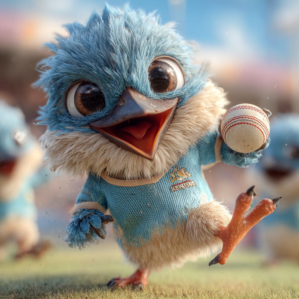 Cheerful blue bird mascot of 55WW Casino playing cricket, representing sports betting excitement and winning energy