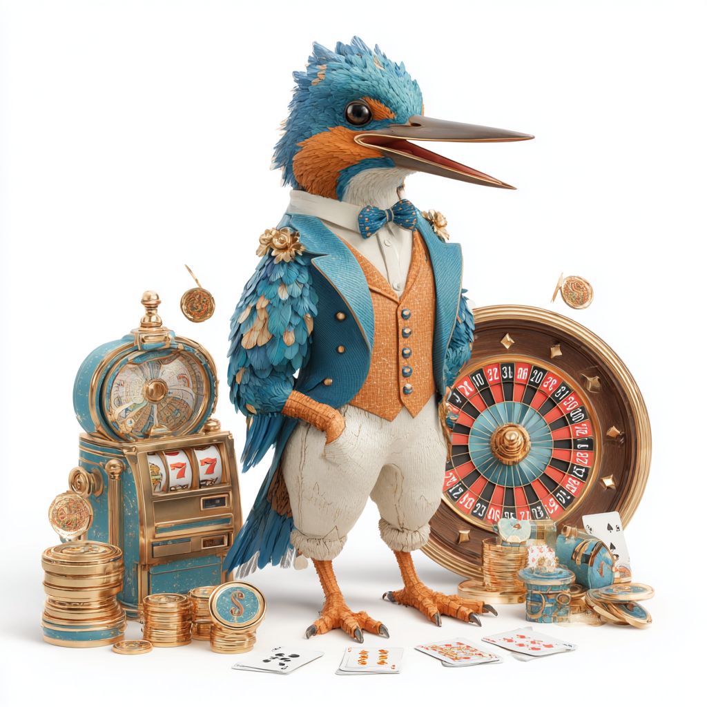 Elegant kingfisher mascot in suit surrounded by roulette wheel, slot machine, cards and golden coins at 55WW Casino