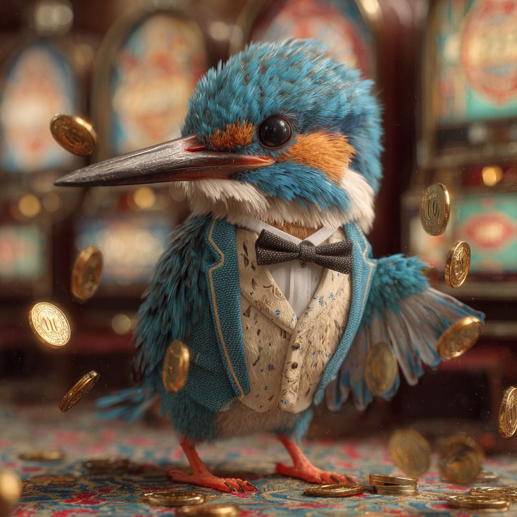 Kingfisher mascot of 55WW Casino in bow tie standing among slot machines and flying golden coins