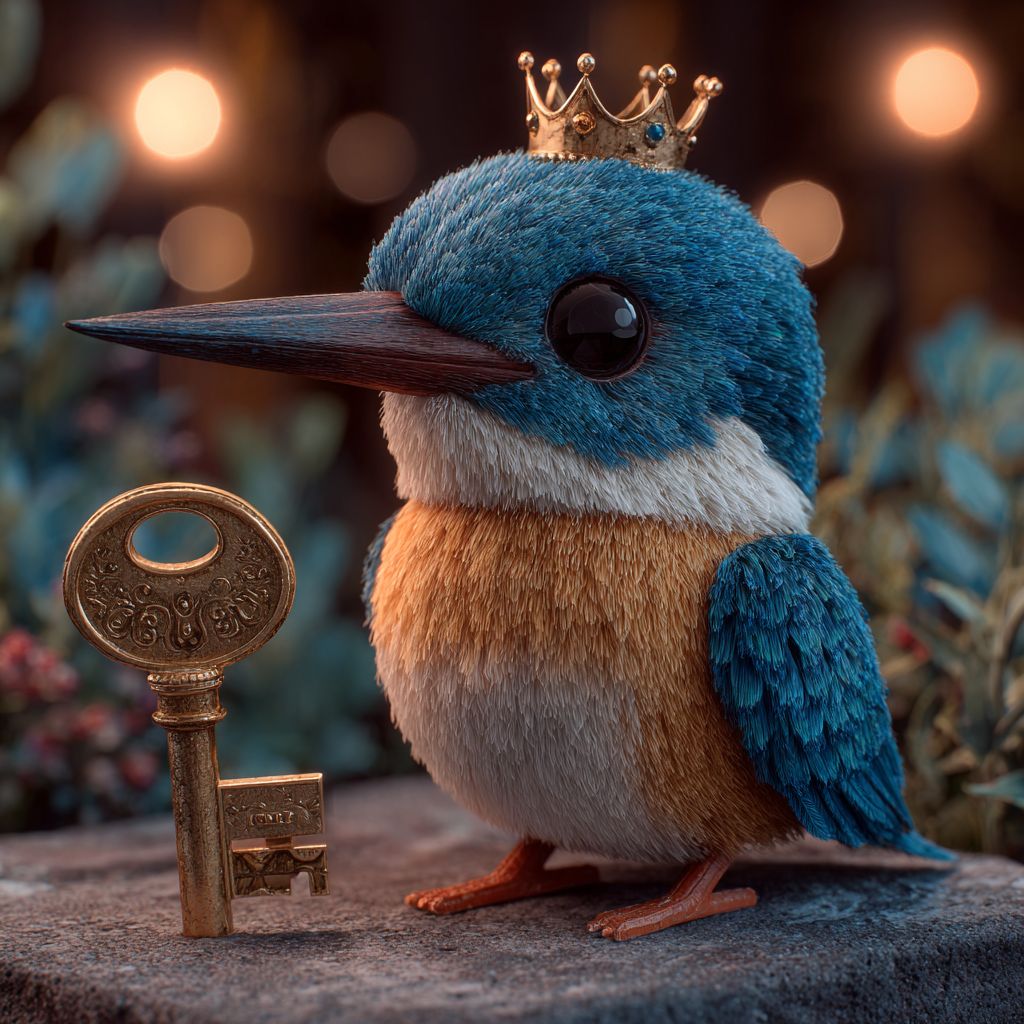 Cute kingfisher mascot with crown and golden key symbolizing VIP access and security at 55WW Casino login