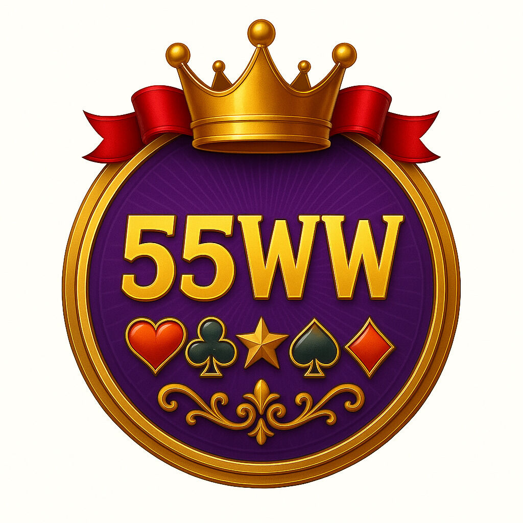 55WW Casino royal logo with golden crown, playing card suits and luxury design