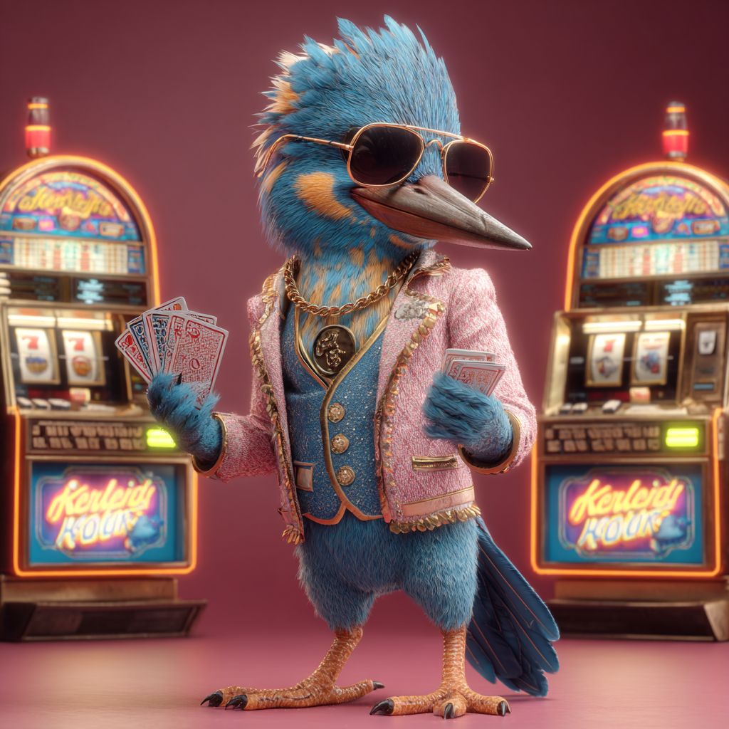 Stylish kingfisher mascot wearing sunglasses and holding poker cards in front of slot machines at 55WW Casino