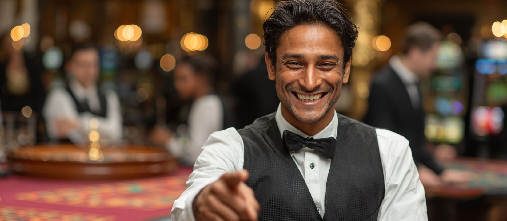 Smiling casino dealer in bow tie pointing forward at gaming table, inviting players to join 55WW Casino