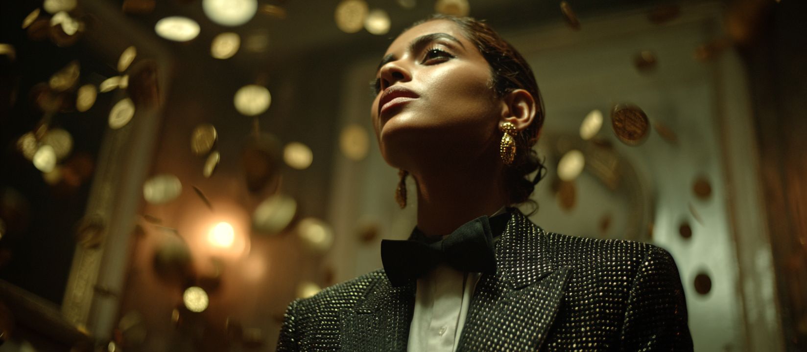 Confident woman in elegant tuxedo surrounded by falling golden coins, representing big wins and prestige at 55WW Casino