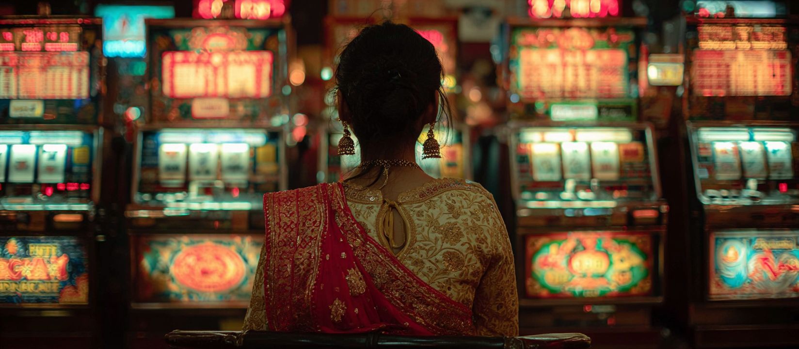 Woman in traditional attire sitting in front of glowing slot machines, symbolizing cultural charm and 55WW Casino slots